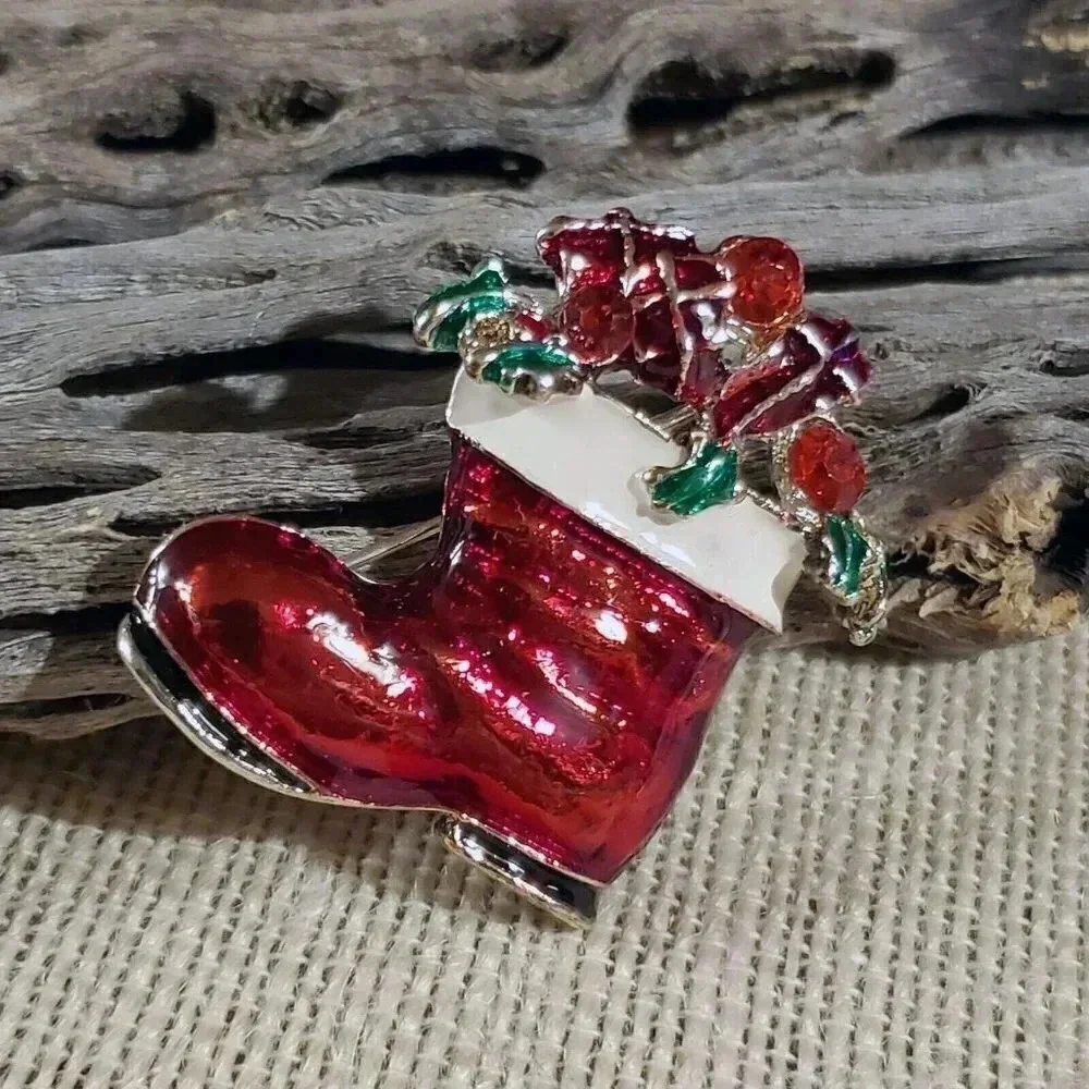 Y2K 90s Christmas Stocking Boot Rhinestone Enamel Christmas Sweater Pin Brooch - Picture 2 of 6